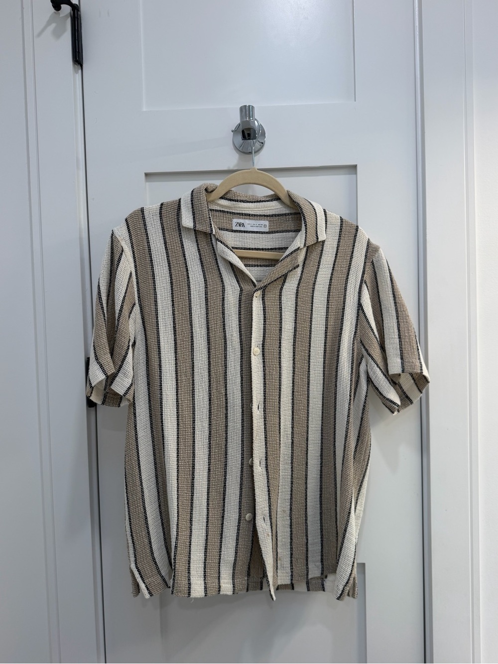 Zara Men Short Sleeve Striped Button-Down Shirt - Beige, White, Black